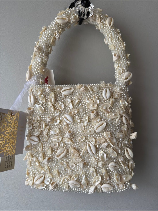 From India To You Handbags - Best Price Offered Beaded Shell Mini Bag in Cream Bridal beach vacation pearl
